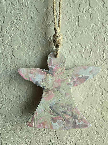 Pink Angel | 8" wooden angel painted in pinks, white and silver with jute hanger | fluid art | fluid artwork | fluid artist | angels | pink angels | acrylic painting | acrylic paint | acrylic artist