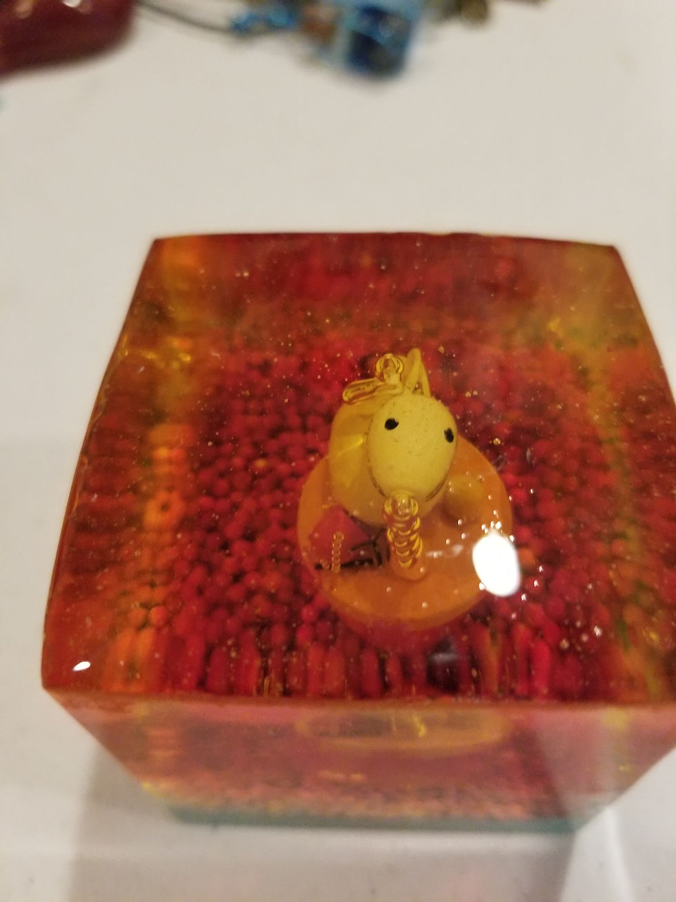 Bunny | 3" resin cube with a bunny with green, pink and yellow layered resin | resin | resin art | resin artist | resin artwork | resincrafter | resincraft