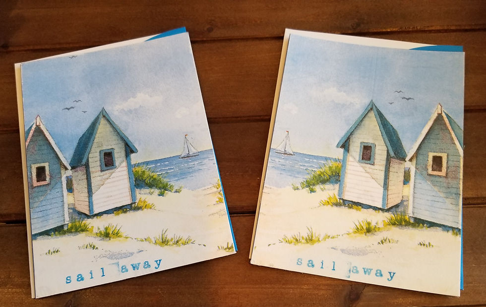 Beach Life Vibes | 5x7 post cards with envelopes | changing houses on beach with sail boat drifting past the dunes | papercrafts | decoupage 
