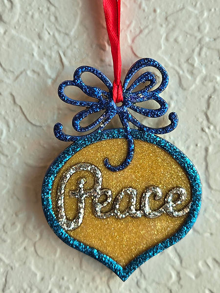 Peace | 2.5" wooden Christmas ornament with Peace in silver lettering, blue bow, and surrounding and gold resin back |Resin |Resin Crafting | resin artwork Peace Decor |Christmas decorationsÂ
