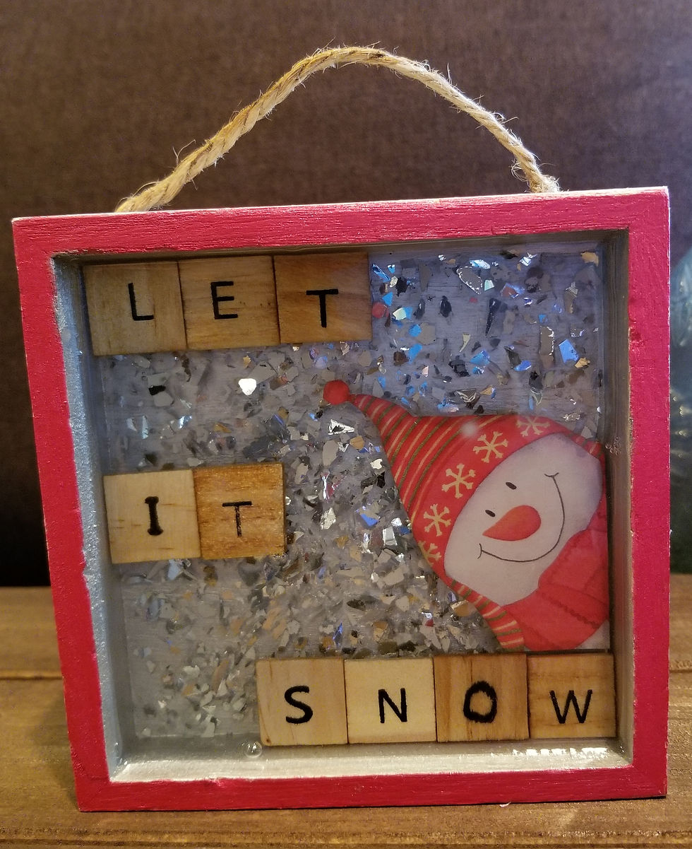 Let it Snow | 5x5 wood frame with snowman, glass filler and a saying of "Let it Snow" in reds, ice blue and silver | resin | resin art | decoupage | snowman decor