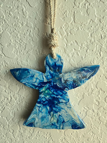 Blue Angels | 8" wooden angels in blues, silver and white acrylic paint in fluid art style | fluid artwork | fluid artist | angels | blue angels | acrylic | acrylic painting
