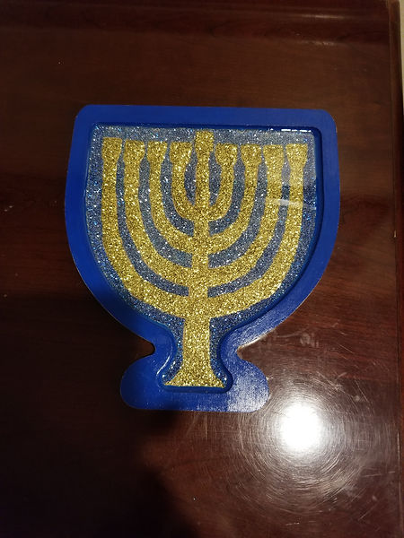 Menorah | 12" menorah-shaped wooden tray in gold and blue glitter varnish | Judaica art | glitter varnish | resin
