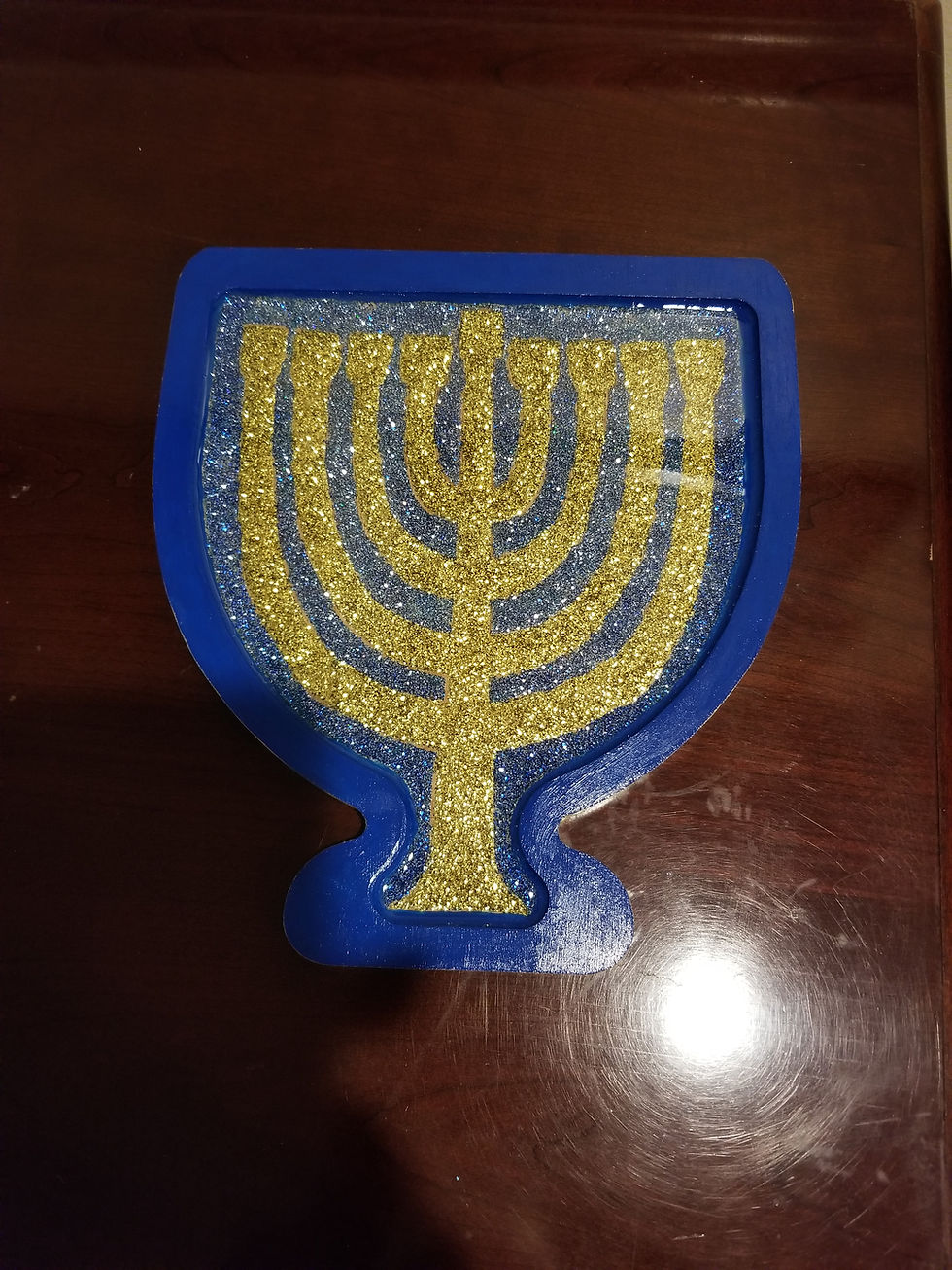 Menorah | 12" menorah-shaped wooden tray in gold and blue glitter varnish | Judaica art | glitter varnish | resin