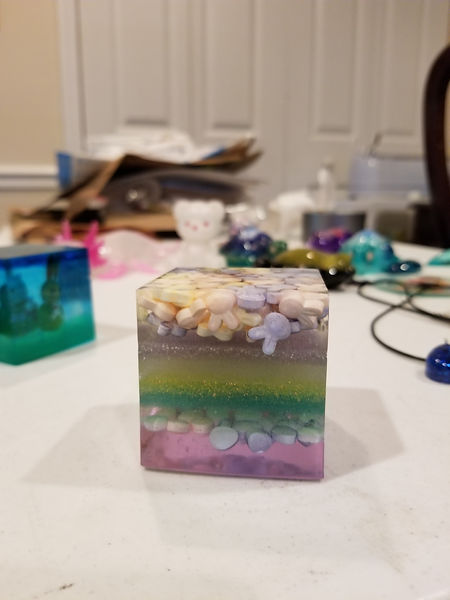 3" resin cube with Easter candy layers in pastels | resin | resin craft | resin crafter | resin cube decorations | Easter decorations