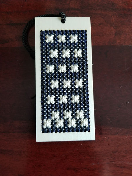 Snow Fall | 5" wooden counted cross stitch bookmark with snow falling against a night sky | counted cross stitch | wooden bookmarks | bookmarks for sale