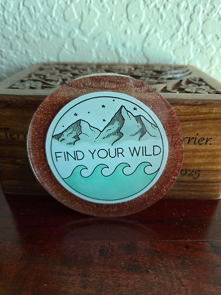 Find your Wild | 3" resin coaster with the sticker with mountains and sea in teals and white with the advice of Find Your Wild | resin | resin crafts | resin coaster | coasters | Find Your Wild