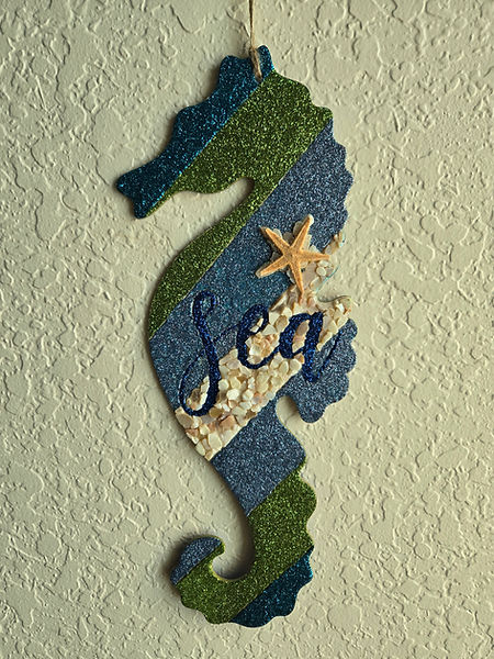 10" Sea Horse wall hanging in blues, green and sea shells with a star fish| sea horse decor | sea horses | star fish | glitter varnish
