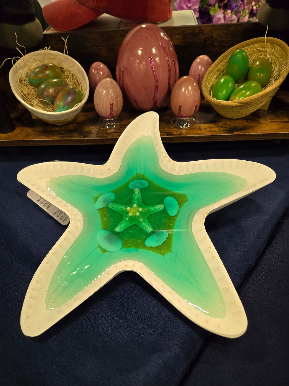 Star|fish Bowl  | a 10" wooden starfish bowl decorated with real starfish, sand and wampum shells in resin colored as the sea | resin | resin artwork | resin artist | resin art | starfish | wampum | starfish decor