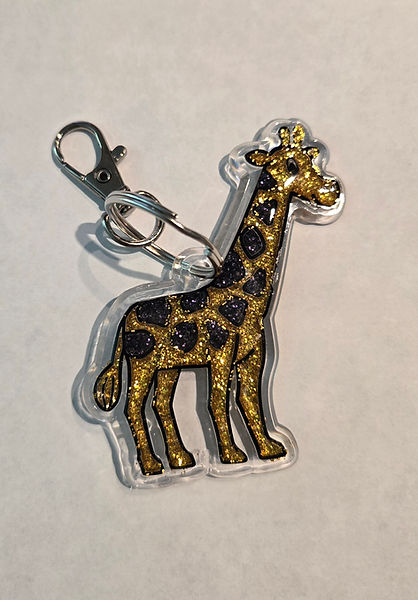 Giraffe Keychain | acrylic based giraffe keychain with gold and onyx glitter varnish sealed with UV resin | keychains for sale | keychains | giraffe | giraffes | resin | resin crafts | resin crafter | glitter varnish | glitter fun