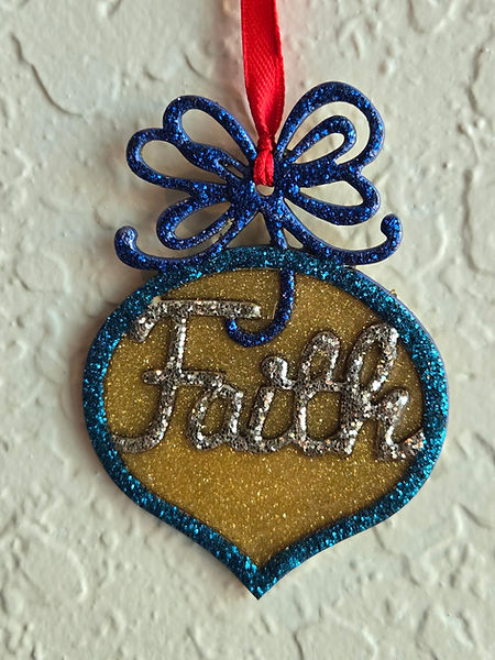 Faith | 2.5" wooden Christmas ornament with Faith in silver lettering, blue bow, and surrounding and gold resin back |Resin |Resin Crafting | resin artwork |Faith Decor |Christmas decorÂ