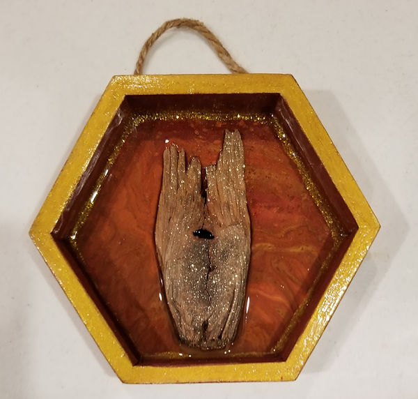 Reindeer or Groot? | 6" hexagon wood frame with paint skin in autumn colors, gold clitter on wood scrap that looks like a reindeer , gold dust, bronze and gold paint |