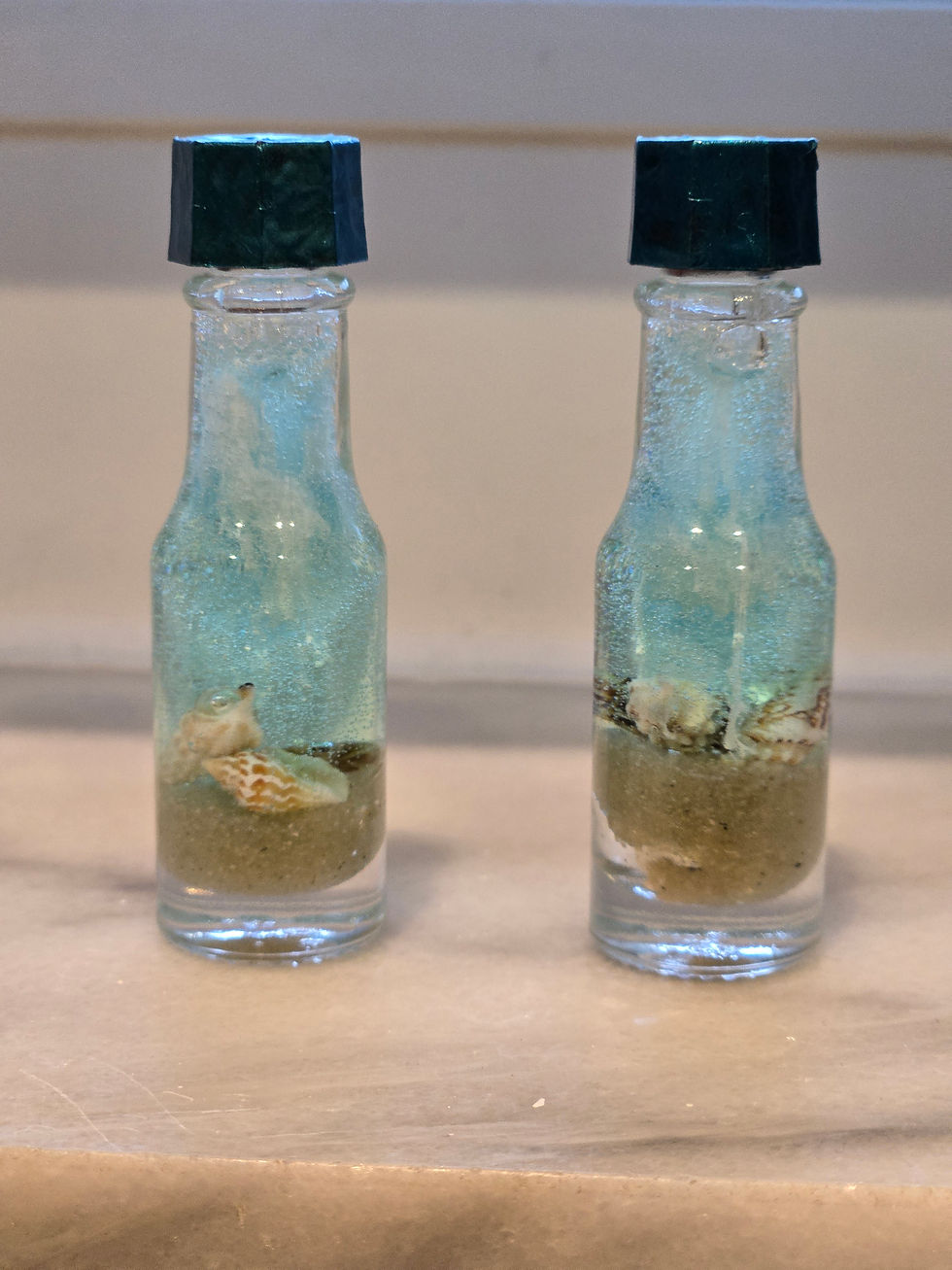 Beach in a Bottle Deux | two tiny beaches in bottles with sand, shells, sea foam, and sea, of course| upcycled | beach in a bottle | resin | resin art