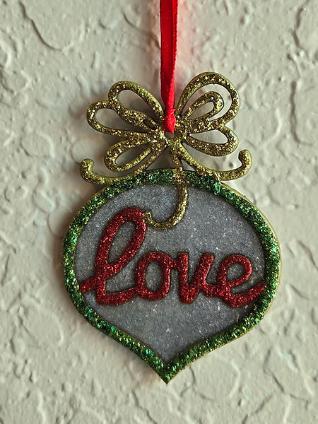Love | 2.5" wooden Christmas ornament with Love in red lettering, gold bow, green surrounding silver resin back |Resin |Resin Crafting | resin artwork |Love Decor |Christmas decorÂ