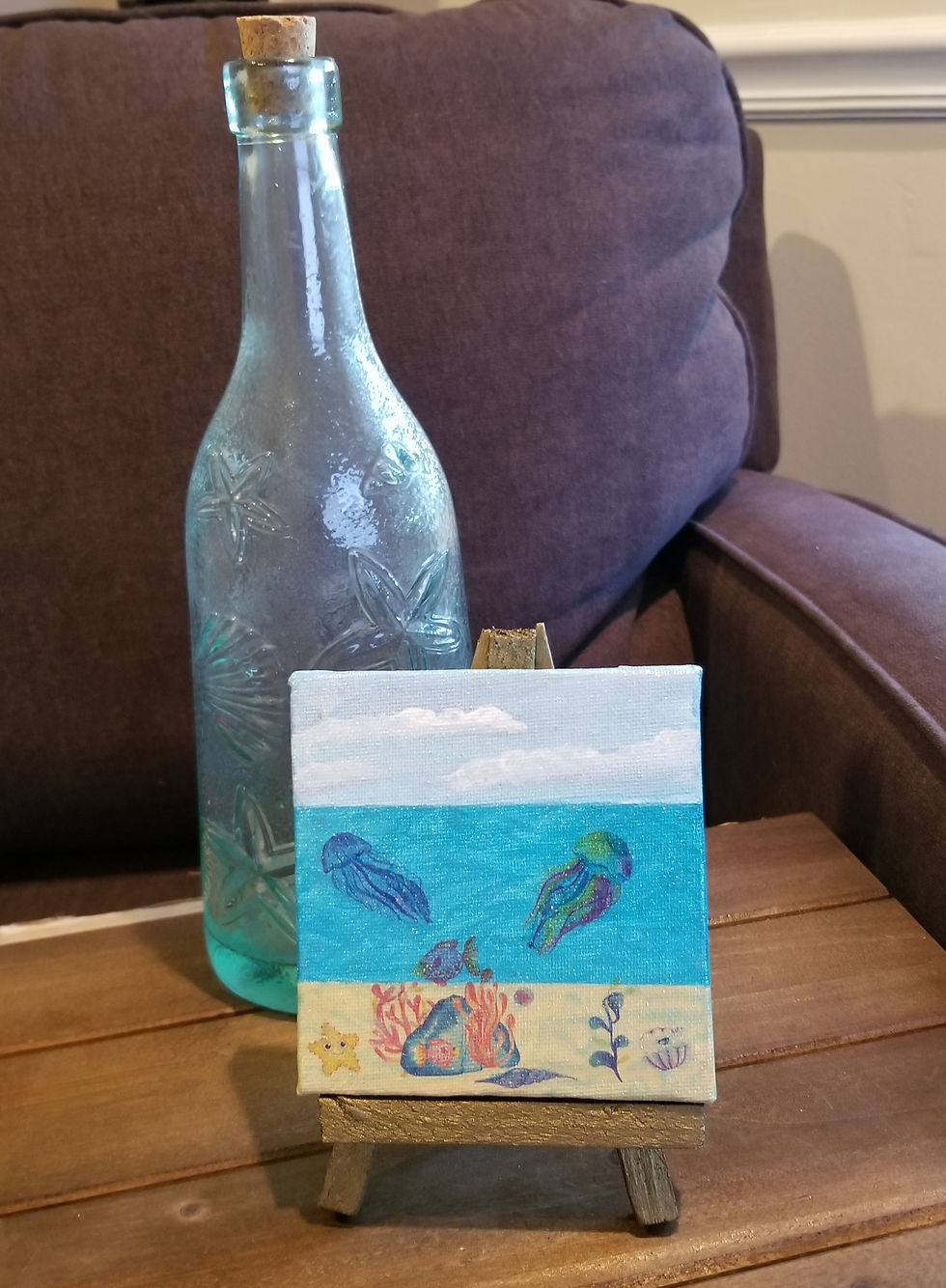 Day at the Beach | 4x4" canvas with stand painting of the beach/sea with jellyfish, starfish, tropical fish and sea corals | acrylic paint|| water tattoos | beach life | beach vibes