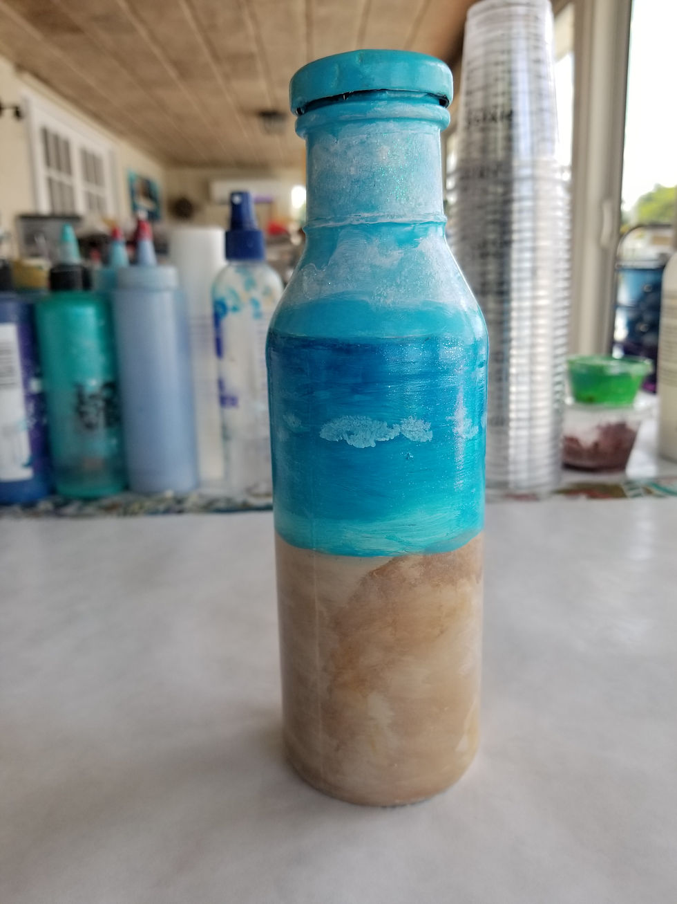 Turtle Beach Bottle| acrylic painting of a turtle entering the sea from the beach on a bottle|| acrylic painting  | acrylic art | acrylic paint | upcycle