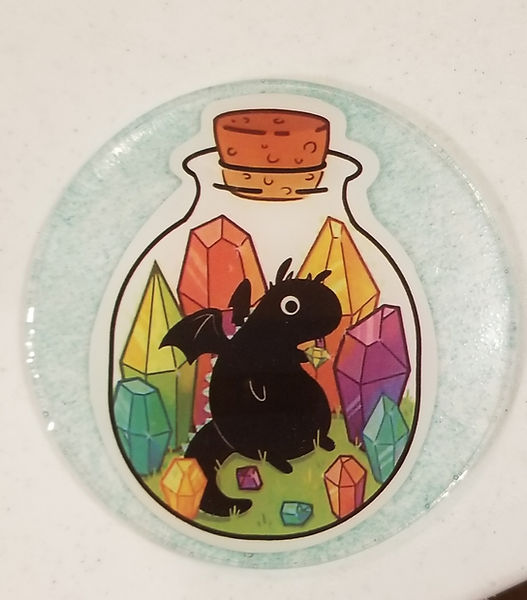Magnet or Coaster | 2.5' resin coaster or magnet with a dragon in a bottle with gems sticker | resin | resin art | resin craft | resin artist | resin crafter | dragon | dragon and gems | dragon love | dragon decor