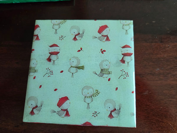 Winter Birds | 4" tile coaster decorated with birds in hats and scarfs for Christmas with pale green background | decoupage | decoupage art | Christmas | christmas decor