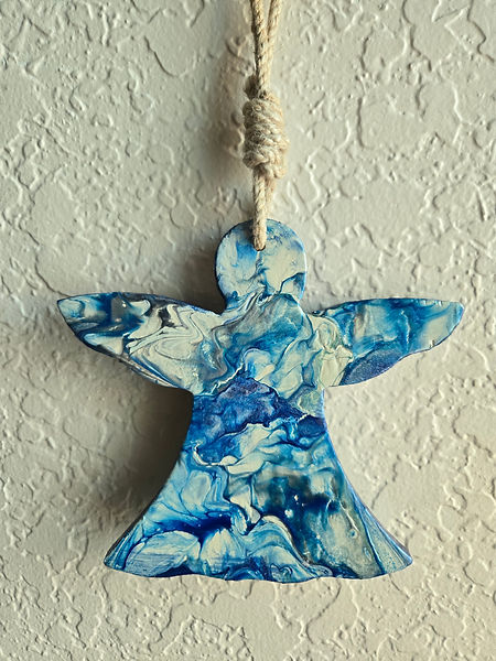 Blue Angels | 8" wooden angels in blues, silver and white acrylic paint in fluid art style | fluid artwork | fluid artist | angels | blue angels | acrylic | acrylic painting
