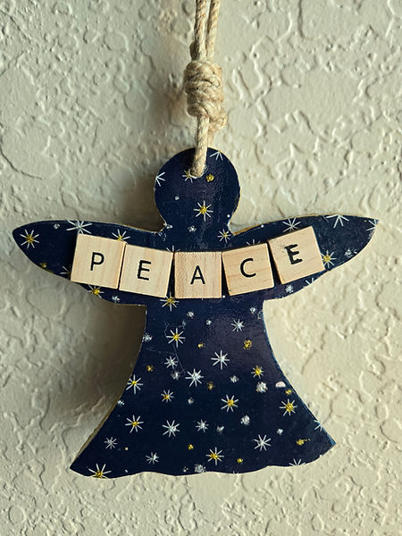 Peace, Please | 10" wooden angel dcoupaged in deep blue christmas paper with gold and silver glitter highlights | decoupage | decoupage art | decoupage artist | decoupage crafts | angel | angel decor |peaceful |peace