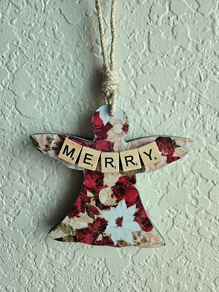 Joy | 10" wooden angel dcoupaged in Christmas paperer with reindeer frolicking through a wintery forest in reds, silver and white| decoupage | decoupage art | decoupage artist | decoupage angel | angels | angel decor | joy joyful moments