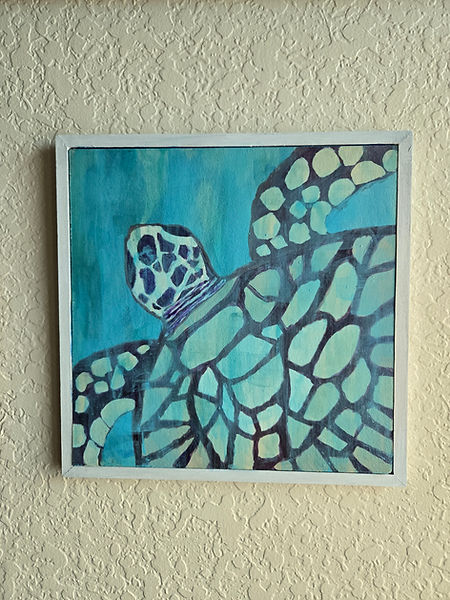 Turtle Ascending | 12x12 masonite board turtle painting in blues, purple/brown and whites with white frame | acrylic painting | acrylic artwork | upcycling | turtles | sea turtles | turtle love | turtle decor |upcycling ideas |