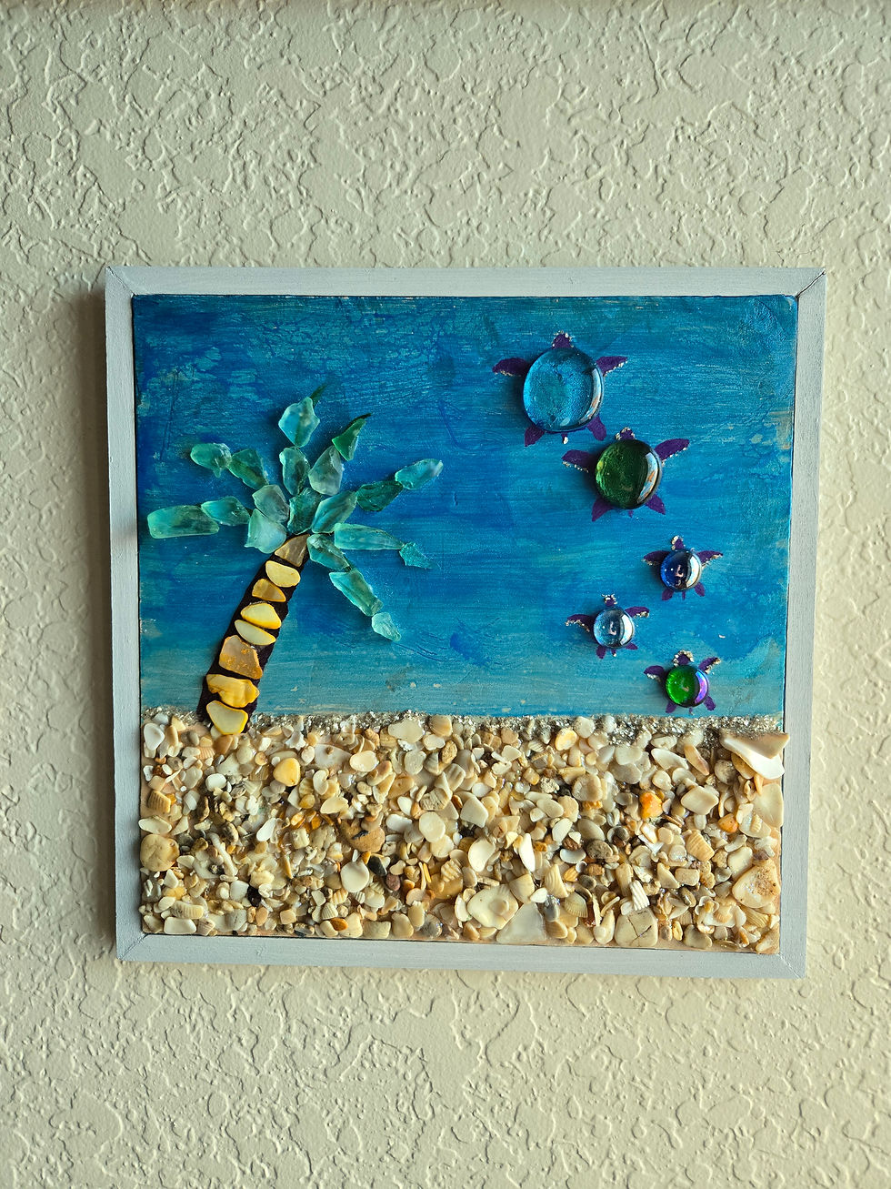 Shell Beach - 12x12 masonite board painted into a beach scene with seashells for the beach, abalone shell to embellish the palm tree which has sea glass as fronds and five turtles entering the sea made with glass beads | 3dart | acrylic painting | mixed media | sea glass art | seashell art | turtles | turtlelovers