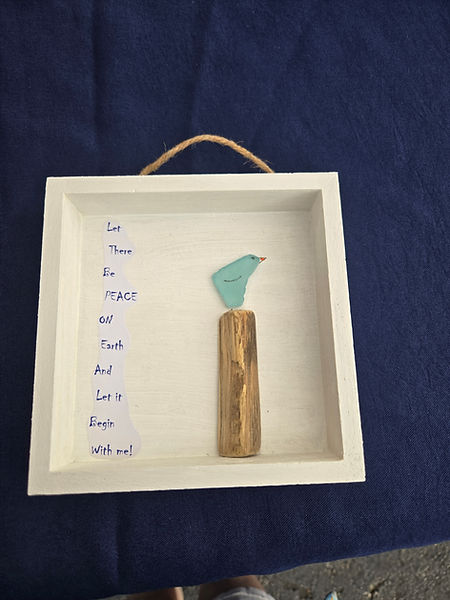 Let There Be Peace | 5x5" white wood frame with green sea glass bird on driftwood post with a quote about Peace on Earth | sea glass art | driftwood art | Let There Be Peace on Earth