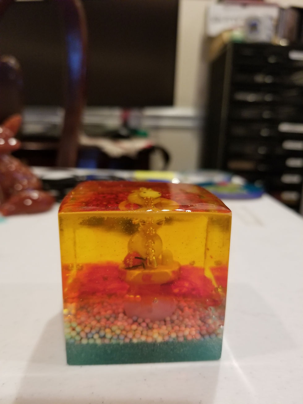Bunny | 3" resin cube with a bunny with green, pink and yellow layered resin | resin | resin art | resin artist | resin artwork | resincrafter | resincraft