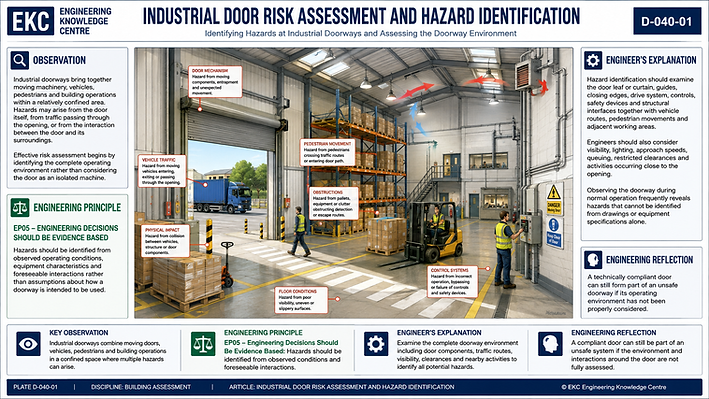 EKC engineering summary plate showing an industrial doorway risk assessment covering people, vehicles, door movement, control systems, maintenance, environment, surrounding operations and potential consequences.