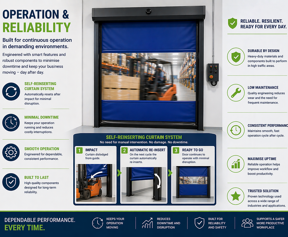 Infographic showing operation and reliability of a cold room high speed door for consistent performance in temperature-controlled environments