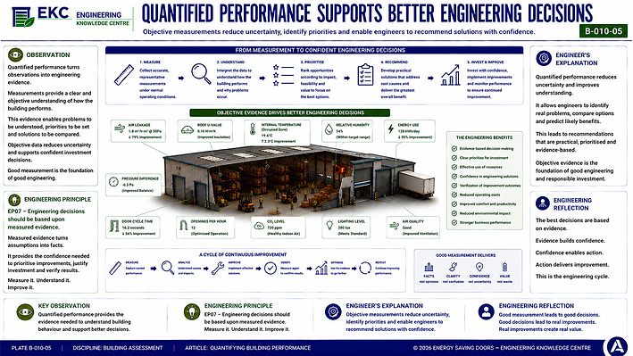 Quantifying Building Performance engineering infographic explaining how engineers convert building observations and measurements into meaningful performance indicators that support evidence-based decision-making. The graphic illustrates the process of collecting data, calculating key metrics, analysing results and measuring improvement across thermal performance, air leakage, industrial door operation, energy consumption, environmental conditions and overall operational performance. It highlights important performance indicators—including U-values, air leakage rates, door open times, energy use, energy intensity, operating costs and carbon emissions—and demonstrates how quantifying building performance enables engineers to benchmark results, prioritise investment, verify improvements, reduce energy consumption, improve occupant comfort, lower carbon emissions and enhance long-term building performance.