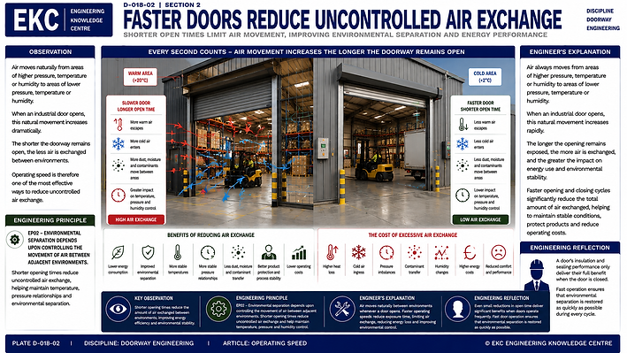 Engineering summary plate illustrating the operating speed of industrial doors. A detailed warehouse scene features a high-speed industrial roller door with a forklift passing through, motion indicators showing rapid opening and closing, and engineering panels explaining how faster operating speeds reduce doorway open time. Supporting callouts demonstrate the benefits of shorter exposure times, including reduced heat loss, improved environmental separation, lower energy consumption, enhanced traffic flow, stable pressure relationships, greater occupant comfort and increased productivity. Additional panels explain the engineering factors influencing operating speed, including traffic frequency, environmental requirements, safety systems, door design, building management systems and lifecycle performance. The plate demonstrates that operating speed is a critical engineering characteristic because reducing doorway open time improves environmental control, operational efficiency and the overall energy performance of industrial buildings.