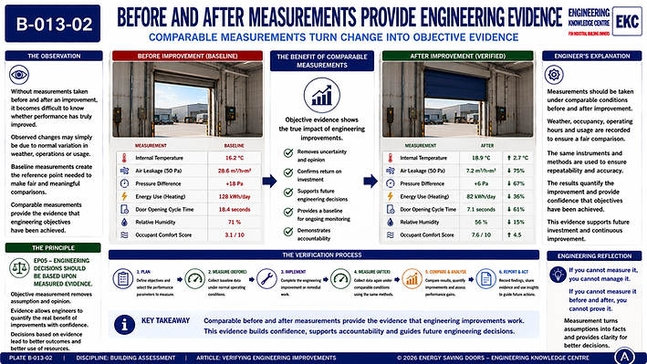 Verifying Engineering Improvements engineering infographic explaining how engineers confirm that building improvements have delivered the intended performance, energy and operational benefits. The graphic illustrates the process of defining success criteria, collecting post-improvement data, comparing results with baseline measurements, validating data quality and reporting measurable outcomes across energy use, thermal performance, air leakage, industrial door operation, ventilation, system efficiency and occupant comfort. It highlights how structured verification provides confidence that improvements are effective, supports informed investment decisions, demonstrates energy and carbon savings, identifies further optimisation opportunities and promotes continuous long-term improvement in industrial building performance.