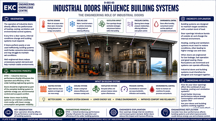 Engineering summary plate illustrating the engineering role of industrial doors as integrated building systems. A warehouse cutaway shows how industrial doors influence heat transfer, airflow, pressure, environmental control, security, traffic flow, safety, energy efficiency and overall building performance, highlighting the benefits of engineering-led doorway selection and whole-building systems thinking.