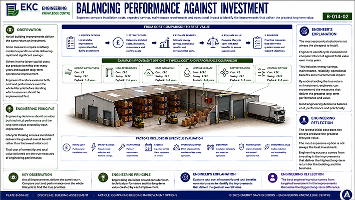Comparing Building Improvement Options engineering infographic explaining how engineers evaluate and compare alternative improvement strategies to identify the most effective solution for an industrial building. The graphic illustrates the comparison of options such as building fabric improvements, high-performance industrial doors, ventilation upgrades, heating and control systems, operational changes and renewable energy technologies using criteria including energy savings, comfort, cost, carbon reduction, risk, operational impact and return on investment. It demonstrates how life-cycle costing, qualitative assessment and evidence-based comparison support informed decision-making, helping engineers select the optimum solution to reduce energy consumption, improve occupant comfort, lower carbon emissions, minimise risk and maximise long-term building performance.