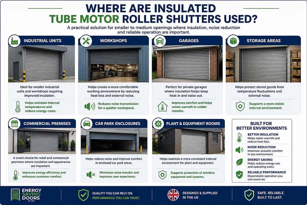 A infogram showing where insulated tube motor roller shutters are used.