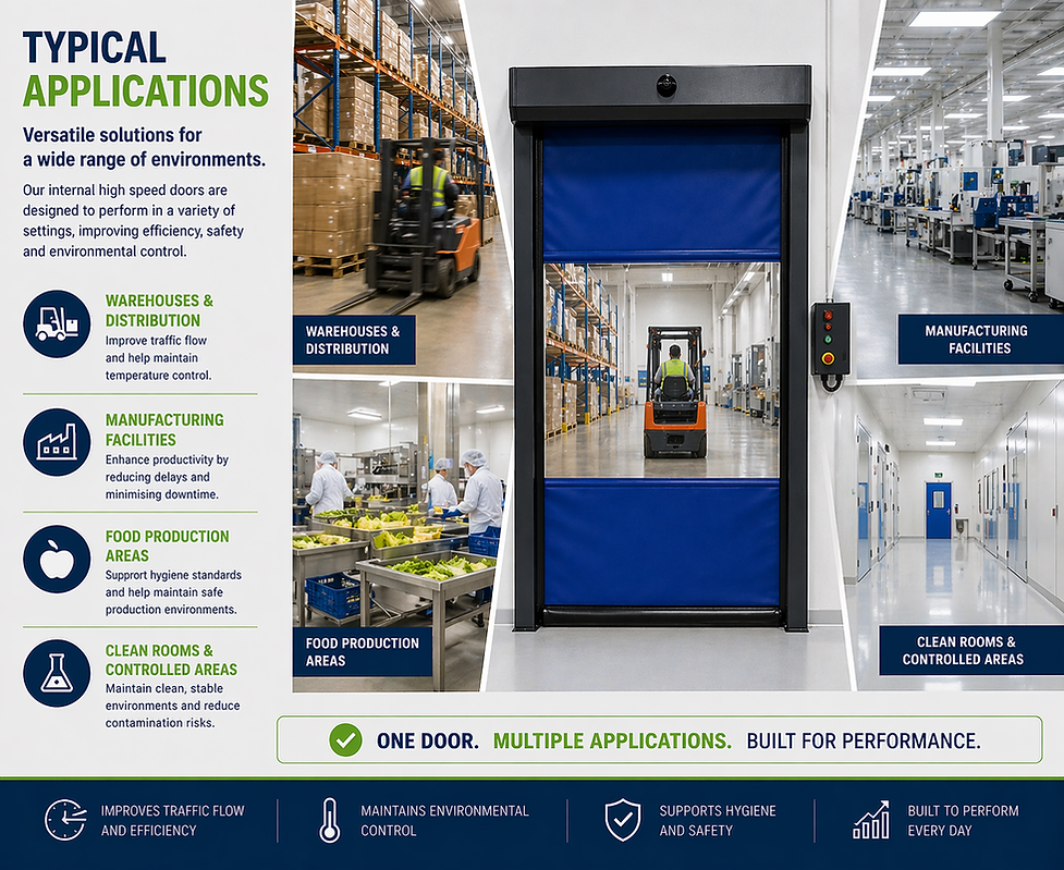 Internal high speed doors are used in warehouses, distribution centres and production areas to improve workflow, separate zones and control internal environments