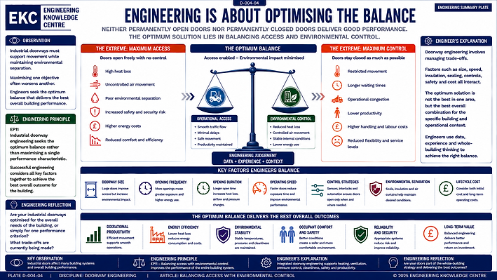 Engineering summary plate illustrating how industrial doorway engineering balances operational access with environmental control. A split warehouse diagram compares the effects of prioritising unrestricted access with the benefits of controlling heat loss, airflow, pressure, cleanliness and energy efficiency, demonstrating how engineers optimise doorway size, opening frequency, operating speed and control strategies to improve whole-building performance.