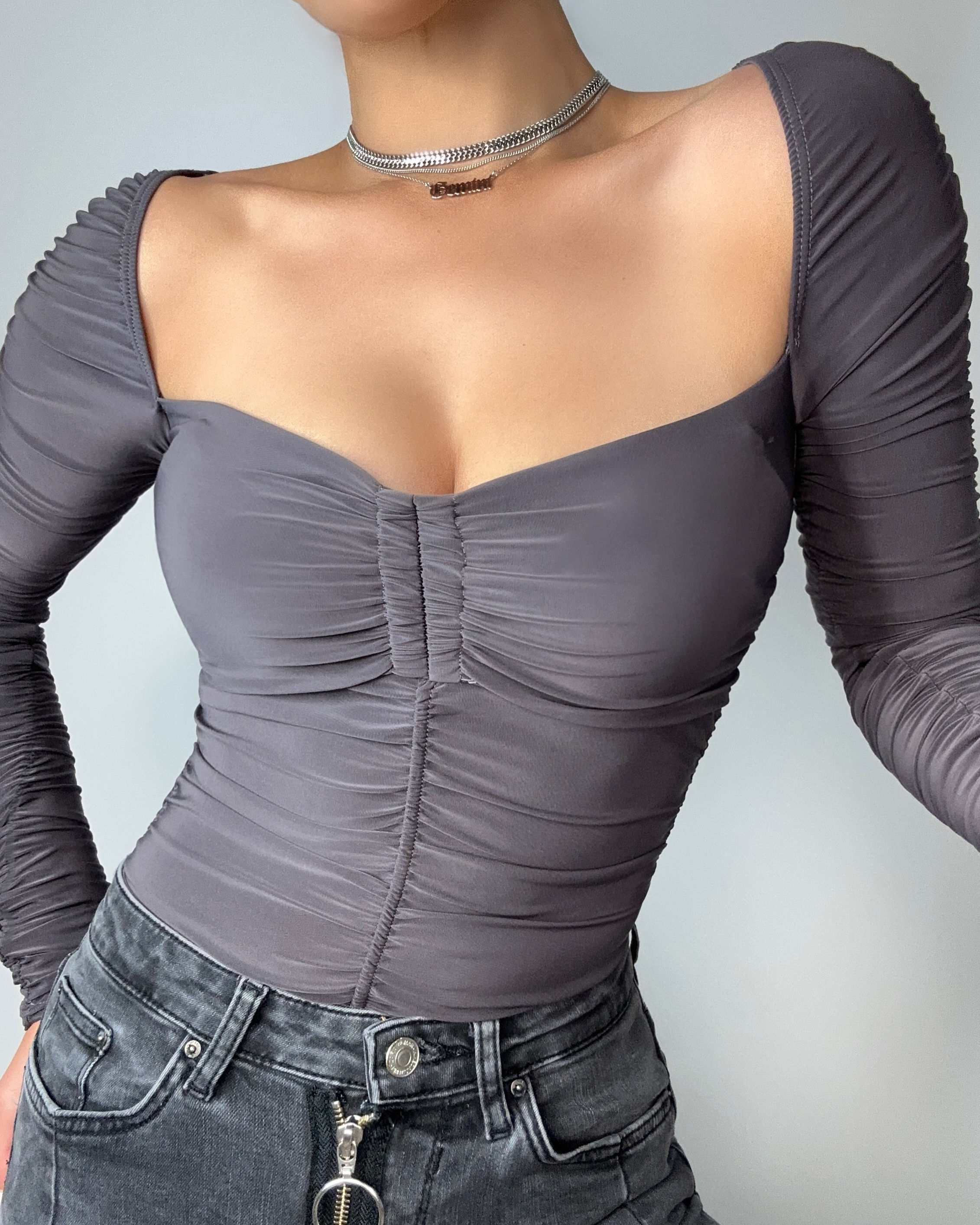 Perla Ruched Bodysuit - Charcoal