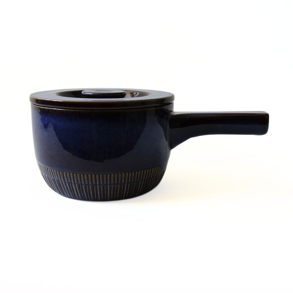 縮圖：Vintage blue glazed ceramic pot with handle and lid "Kosmos" from Gefle Sweden