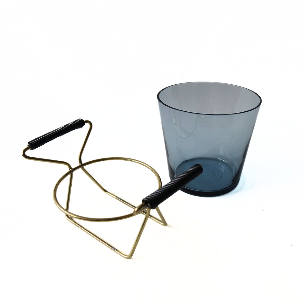 Thumbnail: Retro Vintage Ice bucket in smoked gray/blue glass, brass stand. Sweden 1950s