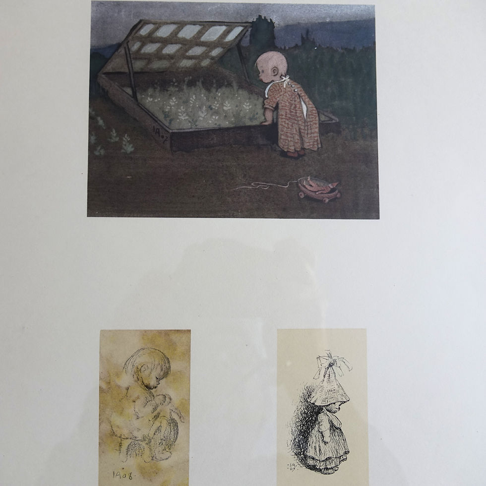 Thumbnail: Vintage poster painted by Ivar Arosenius "Lillan vid drivbänken/ Dockans"