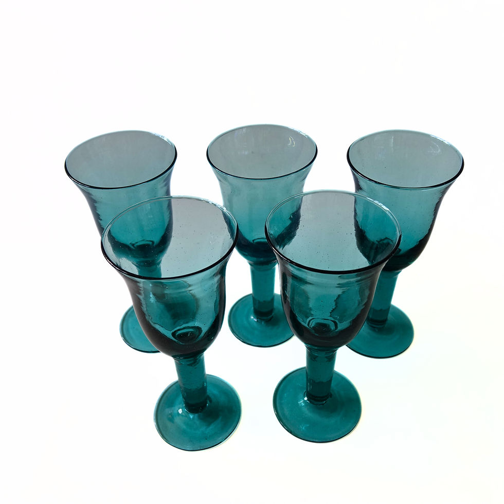 Thumbnail: Vintage mouth-blown unique wine glasses. A set of five green/turquise glasses