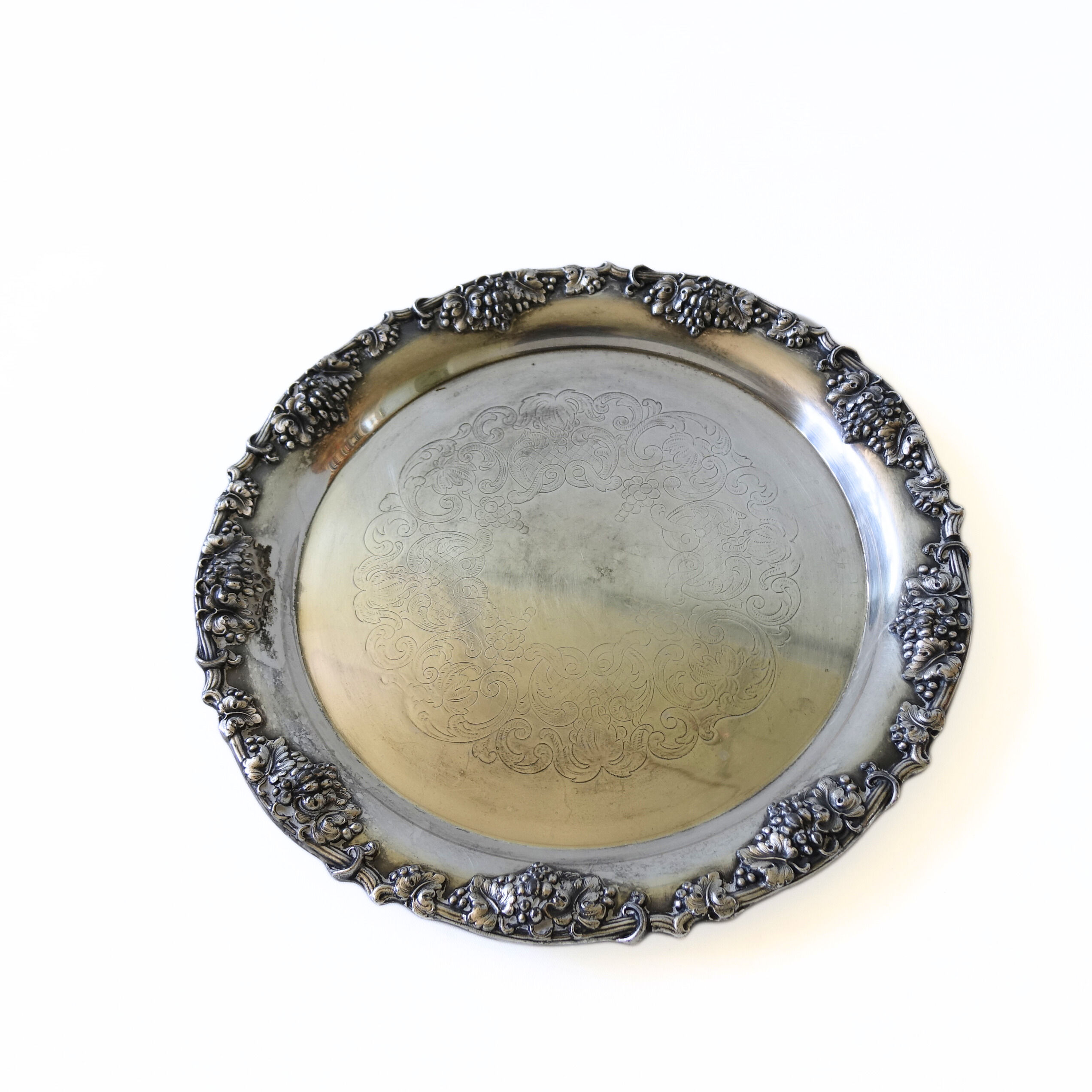 Antique silver plated large tray with embossed grape pattern from Sweden