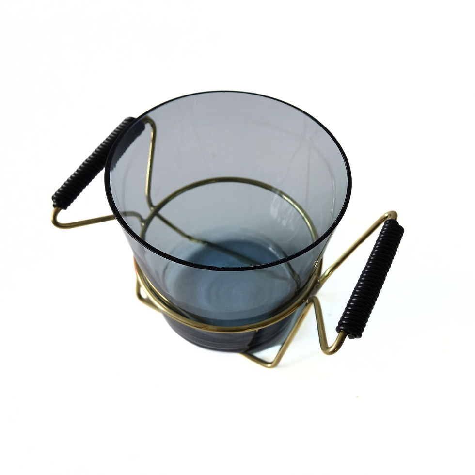 Thumbnail: Retro Vintage Ice bucket in smoked gray/blue glass, brass stand. Sweden 1950s