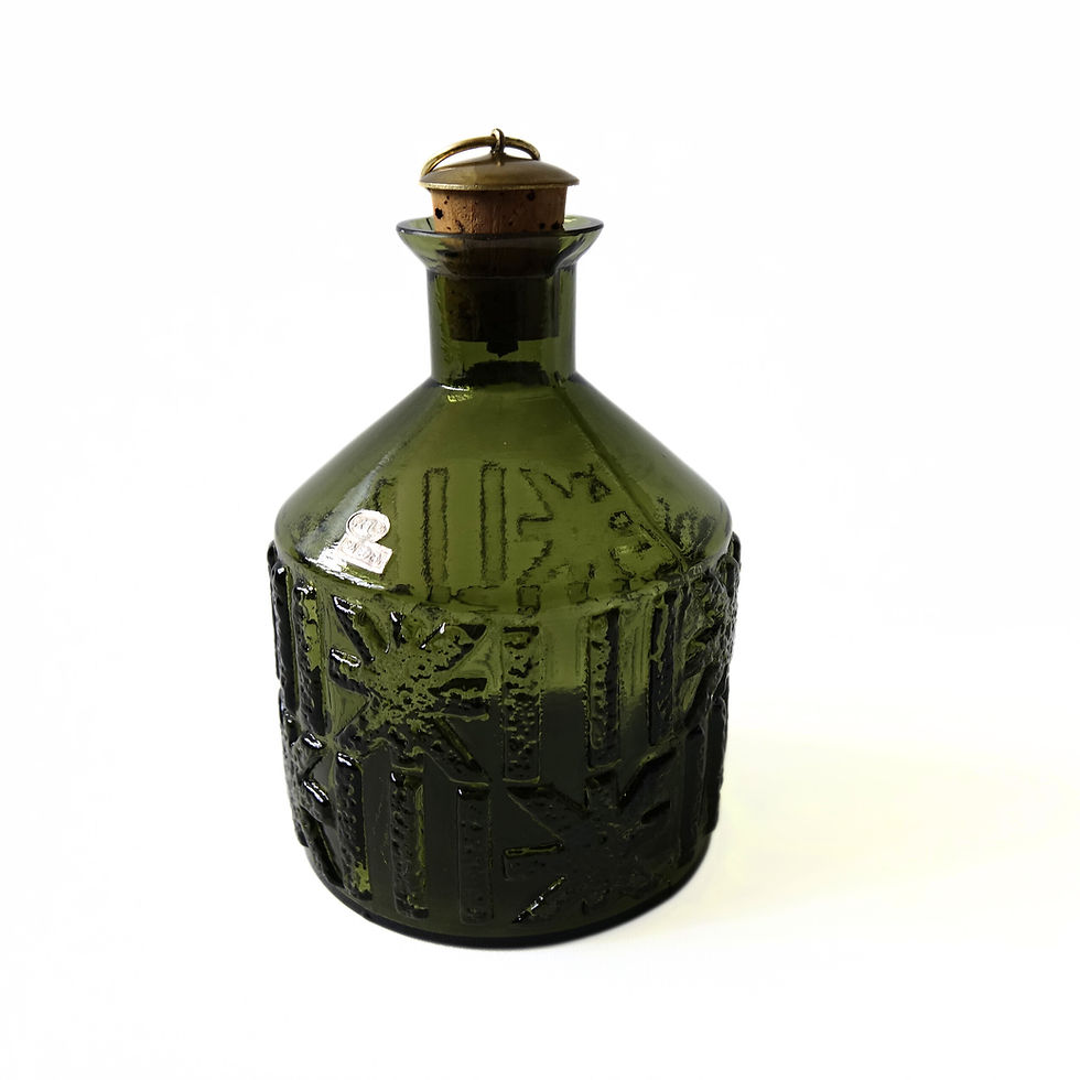 Thumbnail: Vintage green glass decanter with cork and brass lid from SKRUF Sweden