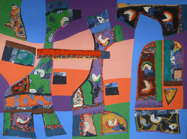 Le reconfinement - Collage de tissus et peinture sur toile - Tissus imprimés peints et gouache - Tableau de 97cm x 130cm
