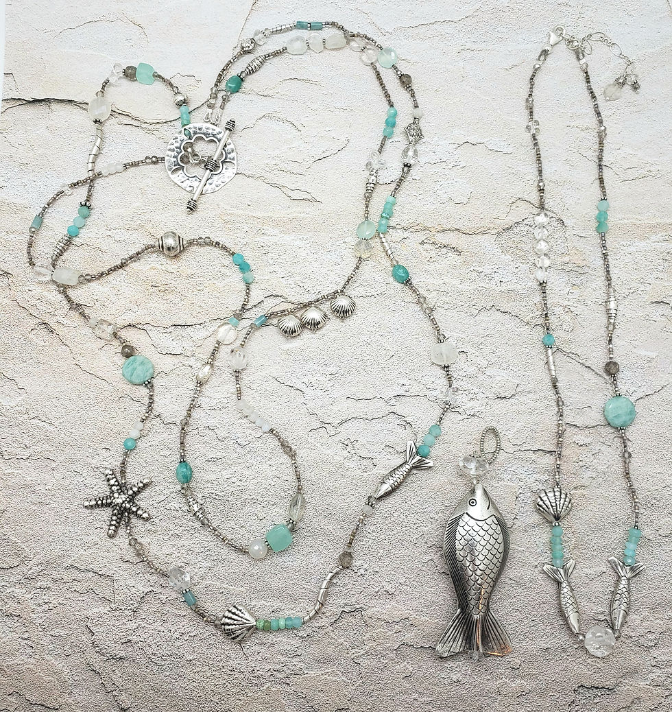Thumbnail: Triple Strand Aqua and Fine Silver Necklace with Removable Fish Pendant