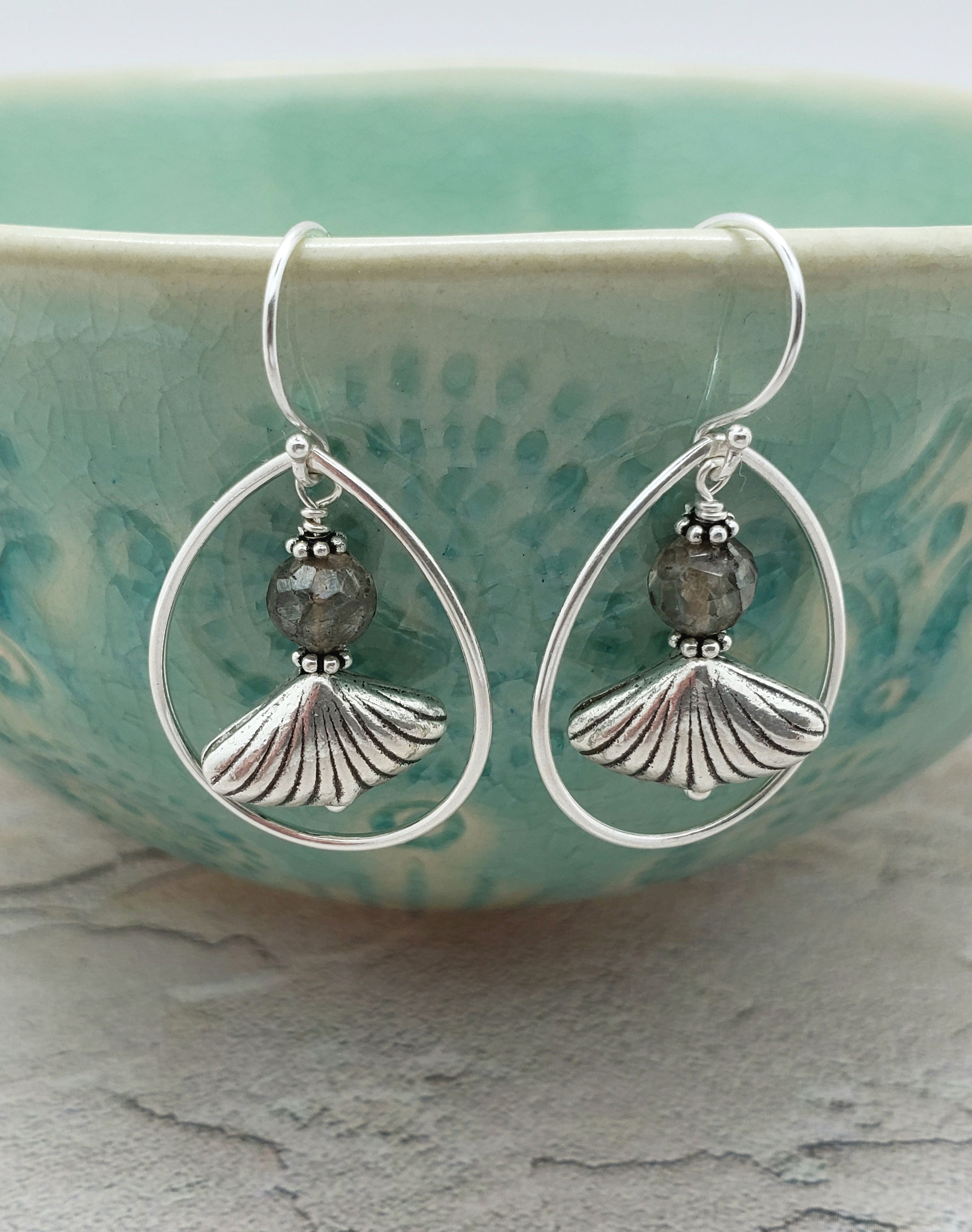 Smoky Quartz Seashell and Fine Silver Earrings